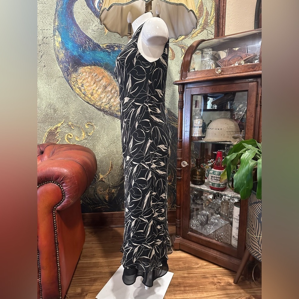 ICE 100% Silk Maxi Dress Vintage 90s Y2K Floral Leaf Print Chiffon Hem Glam 12 - Picture 4 of 7